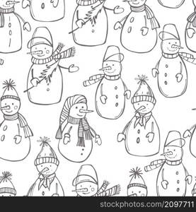 Hand drawn snowmen on white background. Vector seamless pattern . Sketch snowmen. Vector illustration