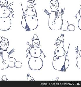 Hand drawn snowmen. Vector seamless pattern.. Sketch snowmen. Vector pattern