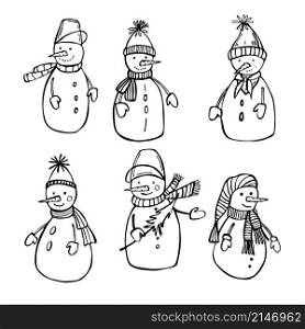 Hand drawn snowmen. Vector sketch illustration. Sketch snowmen. Vector illustration