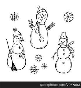 Hand drawn snowmen. Vector sketch illustration. Snowmen. Vector illustration