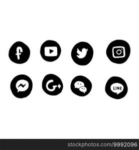 Hand drawn social media logo set. facebook, youtube, twitter, instagram, messenger, google, wechat, line. Vector illustration.