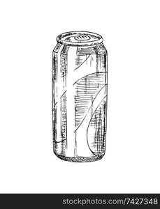 Hand drawn soda can vector monochrome illustration. Fast food badge sketch style for brochures and banner restaurant menu and cafe cover template. Hand drawn soda can vector monochrome sketch.