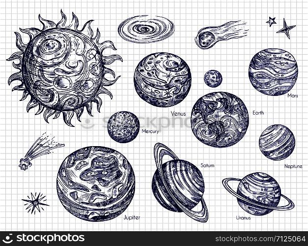 Hand drawn Solar system and space elements vector design. Illustration of galaxy space with solar system with planets. Hand drawn Solar system and space elements vector design