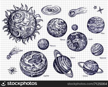 Hand drawn Solar system and space elements vector design. Illustration of galaxy space with solar system with planets. Hand drawn Solar system and space elements vector design