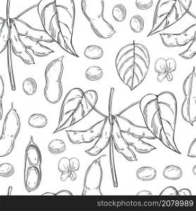 Hand drawn soybean plant on a white background. Vector seamless pattern.. Vector seamless pattern with soybean plant.