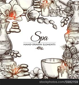 Hand drawn spa and wellness treatment elements frame vector illustration. Hand Drawn Spa Frame
