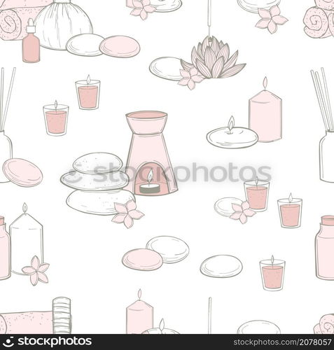 Hand drawn spa treatment and aromatherapy. Vector seamless pattern.. Spa treatment and aromatherapy. Vector pattern.