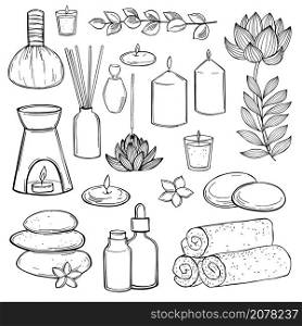 Hand drawn spa treatment and aromatherapy. Vector sketch illustration.. Spa treatment and aromatherapy. Vector illustration.