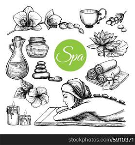 Hand drawn spa treatment set with woman and body care symbols isolated vector illustration. Hand Drawn Spa Treatment Set