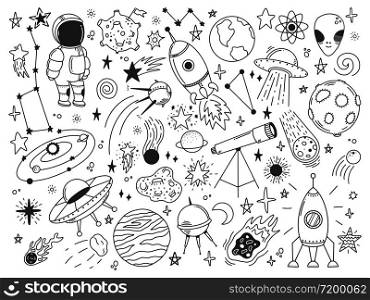 Hand drawn space. Doodle space planets, astrology cosmic doodles, telescope, cosmic rocket, spacecrafts. Universe doodle vector illustration set. Rocket astronaut, spacecraft satellite. Hand drawn space. Doodle space planets, astrology cosmic doodles, telescope, cosmic rocket, spacecrafts. Universe doodle vector illustration set
