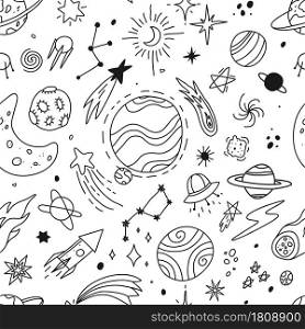 Hand drawn space doodles, universe, planets and stars sketches. Cute rocket, alien, comet, moon. Galaxy scribbles vector seamless pattern. Flying meteorites and cosmic objects in sky. Hand drawn space doodles, universe, planets and stars sketches. Cute rocket, alien, comet, moon. Galaxy scribbles vector seamless pattern