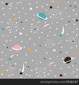 Hand drawn space galaxy vector seamless pattern.