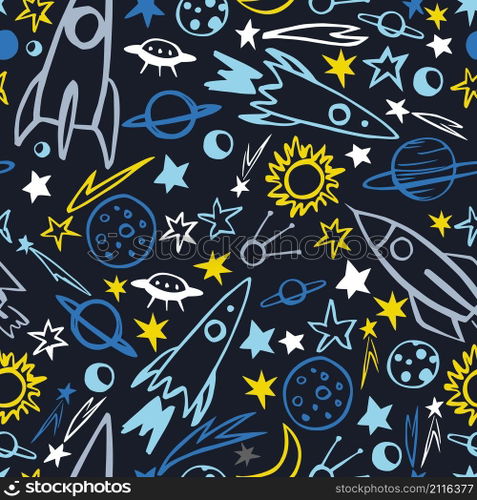 Hand drawn space objects. Planets, comets, rockets.  Vector  seamless pattern. Hand drawn space objects. 