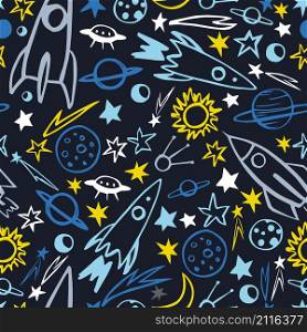 Hand drawn space objects. Planets, comets, rockets. Vector seamless pattern. Hand drawn space objects.