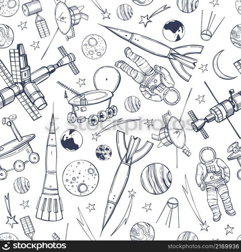 Hand drawn space objects. Planets, comets, rockets.Vector  seamless pattern .  Vector pattern with space objects.