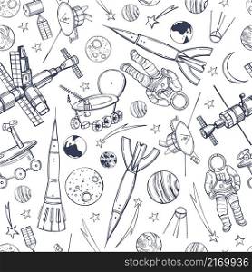 Hand drawn space objects. Planets, comets, rockets.Vector seamless pattern . Vector pattern with space objects.