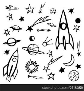 Hand drawn space objects. Planets, comets, rockets.Vector sketch illustration.. Hand drawn space objects. Planets, comets, rockets.