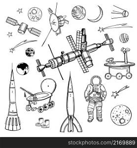 Hand drawn space objects. Planets, comets, rockets.Vector sketch illustration.. Space objects. Planets, comets, rockets.Sketch illustration.