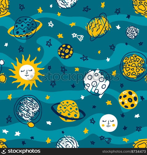 Hand drawn space seamless pattern with sun, planets and stars. Perfect print for T-shirt, stationery, textile and fabric. Doodle vector background for decor and design.