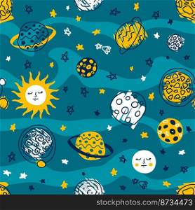 Hand drawn space seamless pattern with sun, planets and stars. Perfect print for T-shirt, stationery, textile and fabric. Doodle vector background for decor and design.