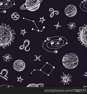 Hand drawn space with stars, planets and moon. Doodle night sky vector seamless pattern. Illustration of night space with planet. Hand drawn space with stars, planets and moon. Doodle night sky vector seamless pattern