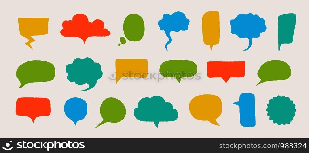 Hand drawn speech bubbles. Doodle text shapes elements with rough edges and noisy grunge texture. Vector illustration isolated set abstract gossip comment tag. Hand drawn speech bubbles. Doodle text shapes elements with rough edges and noisy grunge texture. Vector isolated set