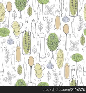Hand drawn spices and herbs. Vector seamless pattern. Hand drawn spices and herbs.