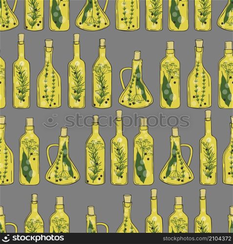 Hand drawn spicy oils with herbs and spices in different bottles. Seamless vector pattern . Hand drawn spicy oils with herbs and spices