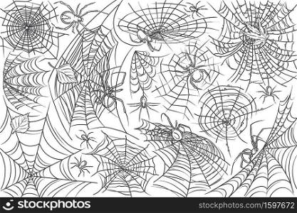 Hand drawn spider and web. Cobweb and spider, symbols of horror danger doodle set background. Hand drawn spider and web