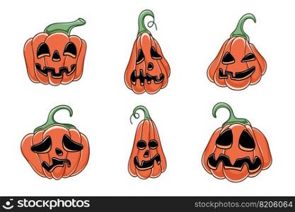 Hand drawn spooky halloween pumpkin set. Terrible faces characters for Halloween holiday. Traditional heads with different emotions. Autumn vegetables isolated vector illustration. Hand drawn spooky halloween pumpkin set