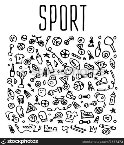 Hand drawn Sport and fitness elements, seamless logo, Sport and fitness doodles elements, Sport and fitness seamless background. Sport and fitness sketchy illustration . Hand drawn Sport and fitness elements, seamless logo