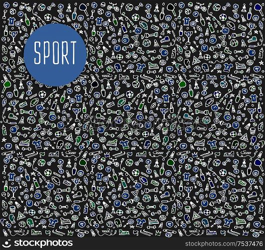 Hand drawn Sport and fitness elements, seamless logo, Sport and fitness doodles elements, Sport and fitness seamless background. Sport and fitness sketchy illustration . Hand drawn Sport and fitness elements, seamless logo