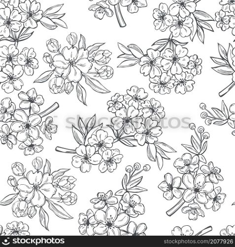 Hand drawn spring branches with flowers on white background. Vector seamless pattern.. Spring branches with flowers. Vector pattern.