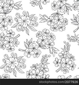 Hand drawn spring branches with flowers on white background. Vector seamless pattern.. Spring branches with flowers. Vector pattern.