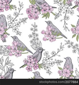 Hand drawn spring flowers and birds. Vector seamless pattern. Spring flowers and birds. Vector pattern