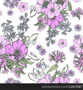 Hand-drawn spring flowers. Vector seamless pattern.. Vector pattern with spring flowers.