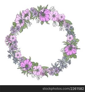 Hand-drawn spring flowers wreath. Vector sketch illustration.. Spring flowers wreath. Sketch illustration.