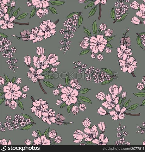 Hand drawn spring pink flowers.Vector seamless pattern. . Spring pink flowers.Vector pattern.