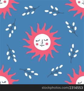 Hand drawn spring seamless pattern with sun and wreath of willow branches. Perfect for T-shirt, textile and print. Doodle vector illustration for decor and design.