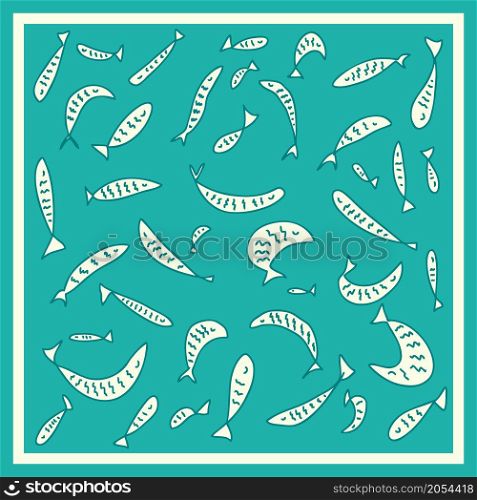 Hand drawn square pattern with fishes. Perfect for stole, shawl, poster and print. Doodle vector illustration for decor and design.