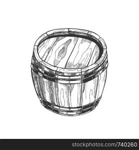 Hand Drawn Standing Vintage Wooden Barrel Vector. Closed Barrel For Brewing Production And Storage Alcohol Drink. Design Liquid Container Object Monochrome Style Black And White Cartoon Illustration. Hand Drawn Standing Vintage Wooden Barrel Vector