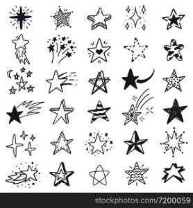 Hand drawn star sketch. Doodle stars sketch, drawing ink starburst and shiny stars. Starry doodles vector illustration icons set. Drawing star in space, starry sparkle cosmic linear art. Hand drawn star sketch. Doodle stars sketch, drawing ink starburst and shiny stars. Starry doodles vector illustration icons set