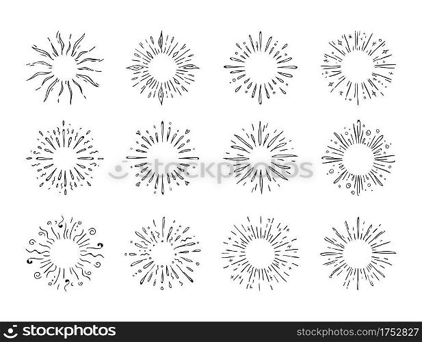 Hand drawn starburst. Doodle explosion or sun shine. Abstract round contour water splash. Minimal firework and light flash. Vector black pencil sketches set of circle with diverging rays and splatters. Hand drawn starburst. Doodle explosion or sun shine. Abstract contour water splash. Minimal firework and light flash. Vector black sketches set of circle with diverging rays and splatters