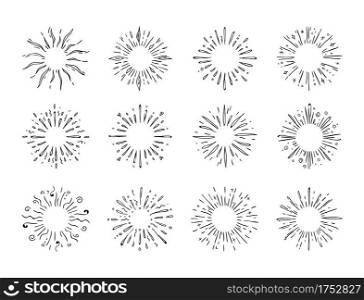 Hand drawn starburst. Doodle explosion or sun shine. Abstract round contour water splash. Minimal firework and light flash. Vector black pencil sketches set of circle with diverging rays and splatters. Hand drawn starburst. Doodle explosion or sun shine. Abstract contour water splash. Minimal firework and light flash. Vector black sketches set of circle with diverging rays and splatters