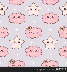 Hand drawn stars and clouds. Cute cartoon kawaii seamless pattern. Funny comic characters background for kids bedding, fabric, wallpaper, wrapping paper, textile, t-shirt print