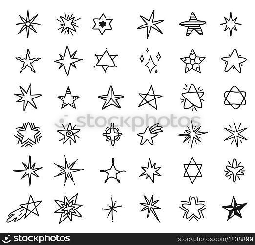 Hand drawn stars doodle, cute star sketch drawing. Shooting stars and shining sparkles line scribble elements for fabric pattern vector set. Starry celestial elements isolated on white. Hand drawn stars doodle, cute star sketch drawing. Shooting stars and shining sparkles line scribble elements for fabric pattern vector set