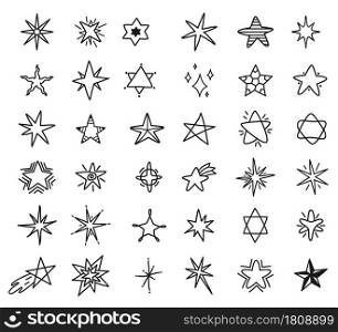 Hand drawn stars doodle, cute star sketch drawing. Shooting stars and shining sparkles line scribble elements for fabric pattern vector set. Starry celestial elements isolated on white. Hand drawn stars doodle, cute star sketch drawing. Shooting stars and shining sparkles line scribble elements for fabric pattern vector set