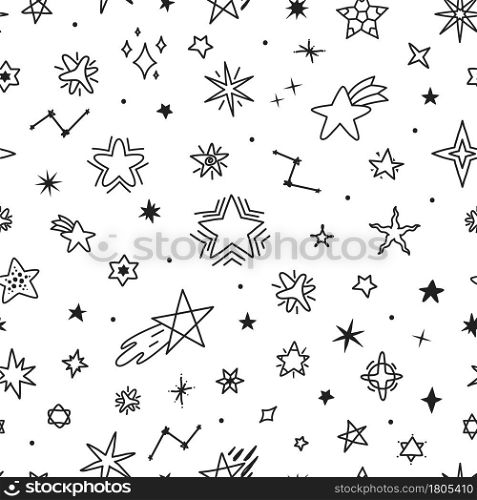 Hand drawn stars doodles, cute star seamless pattern. Childish night sky sketch drawings, textile fabric or wallpaper print vector texture. Sparkling celestial bodies and constellation. Hand drawn stars doodles, cute star seamless pattern. Childish night sky sketch drawings, textile fabric or wallpaper print vector texture