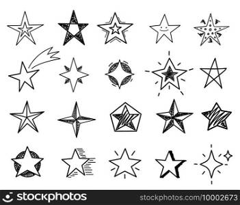 Hand drawn stars. Sketch star shapes, black starburst doodle signs for christmas party invitation, festive texture isolated vector set. Sketch star drawn, hand drawing doodle asterisk illustration. Hand drawn stars. Sketch star shapes, black starburst doodle signs for christmas party invitation, festive texture isolated vector set