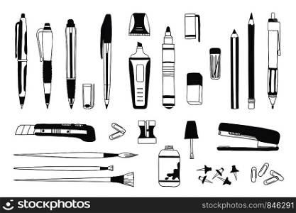Hand drawn stationery. Doodle pen pencil and paintbrush tools, school and office accessories sketch. Vector illustrations sketch stationery set for calligraphy or office work. Hand drawn stationery. Doodle pen pencil and paintbrush tools, school and office accessories sketch. Vector stationery set